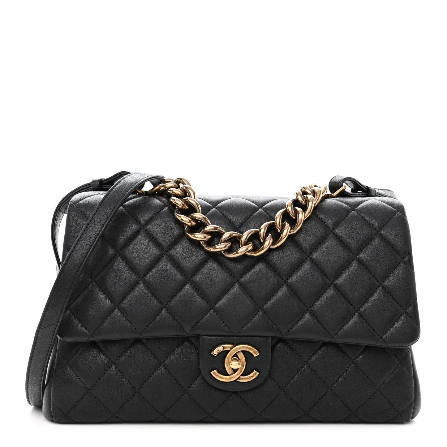Shiny Sheepskin Quilted Large Trapezio Flap Black