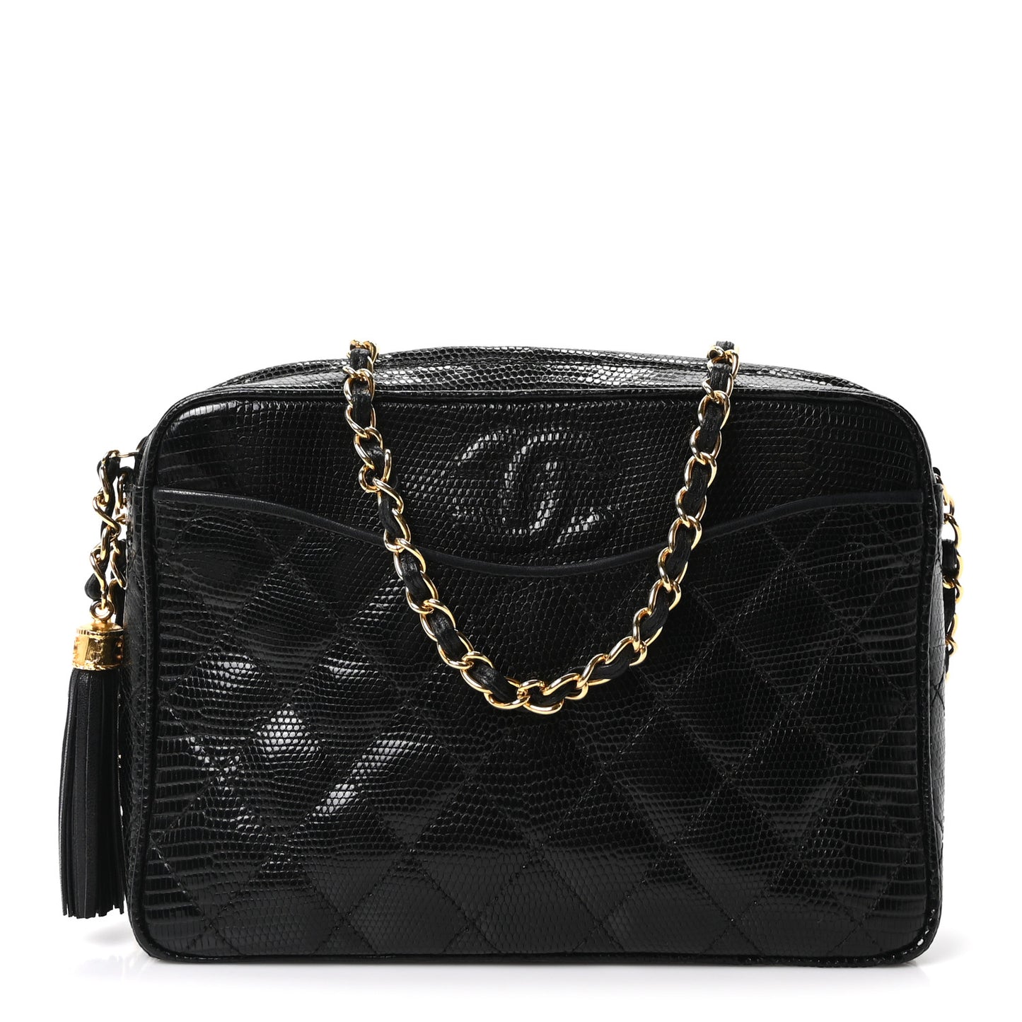 Lizard Quilted Small Tassel Camera Case Black