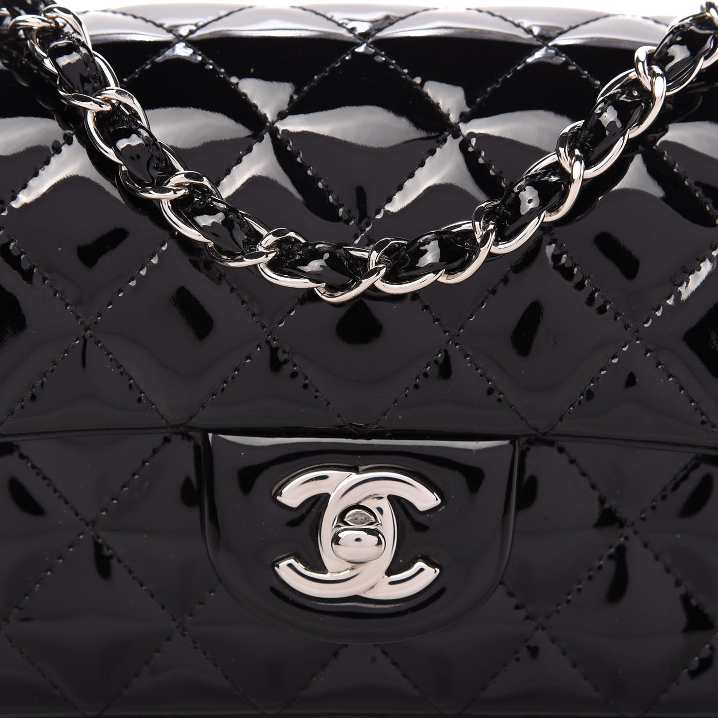 Patent Calfskin Quilted Mini Rectangular Flap Black