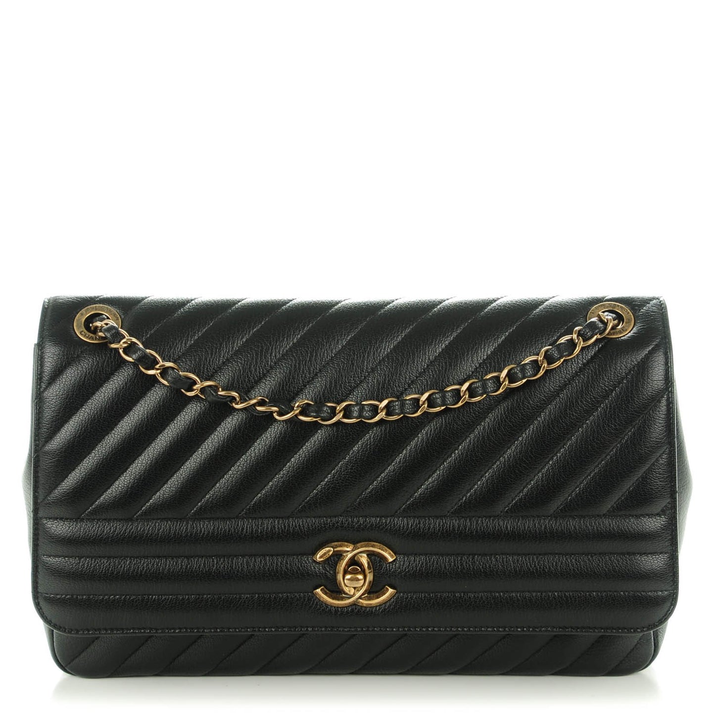 Shiny Goatskin Diagonal Quilted Medium Flap Black