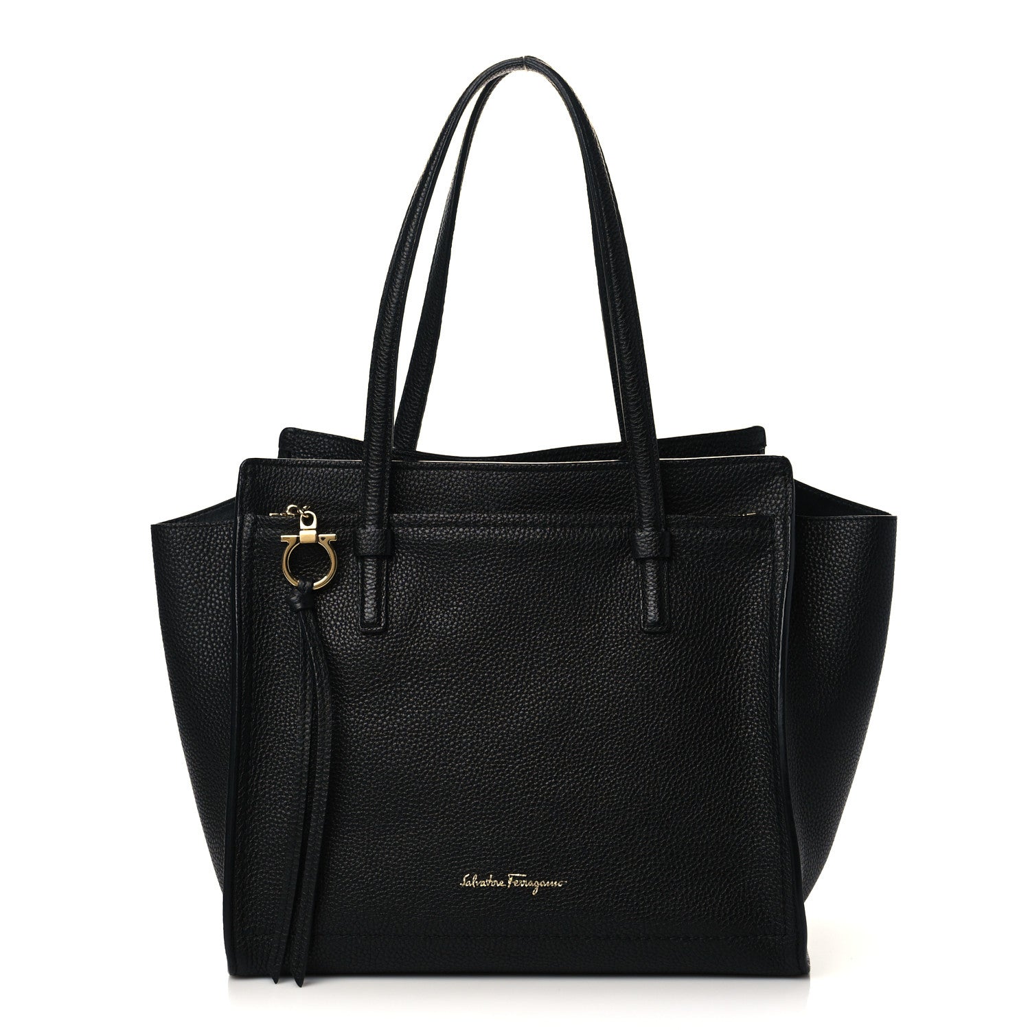 Salvatore Ferragamo Hammered Calfskin Double Handle Small Amy Tote Black 1 of 6