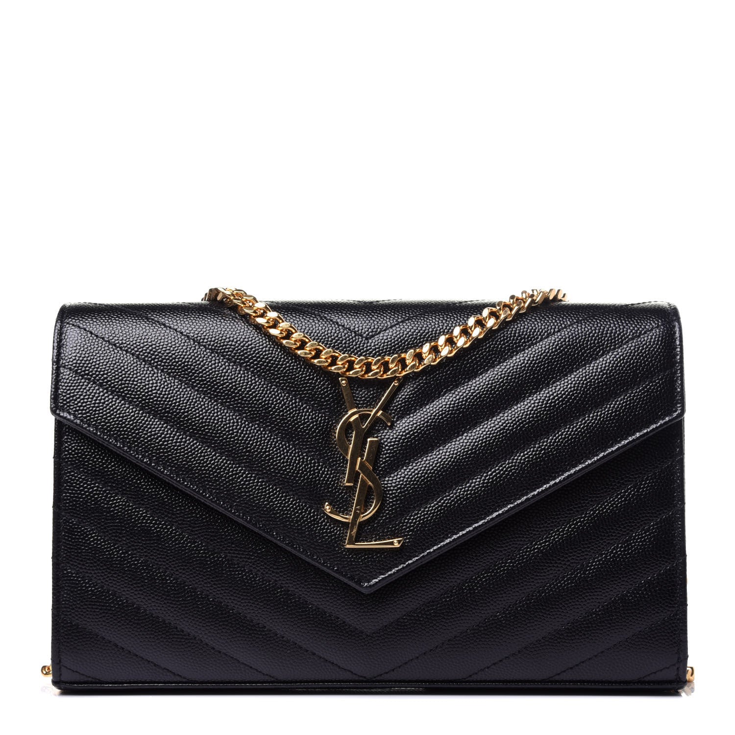 Saint Laurent Grain De Poudre Matelasse Chevron Monogram Chain Wallet Black 1 of 11