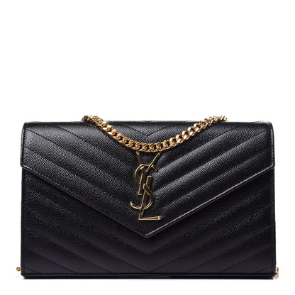 Saint Laurent Grain De Poudre Matelasse Chevron Monogram Chain Wallet Black 1 of 11