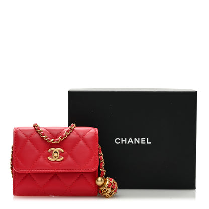 Chanel Lambskin Quilted Pearl Crush Card Holder With Chain Red 10 of 10