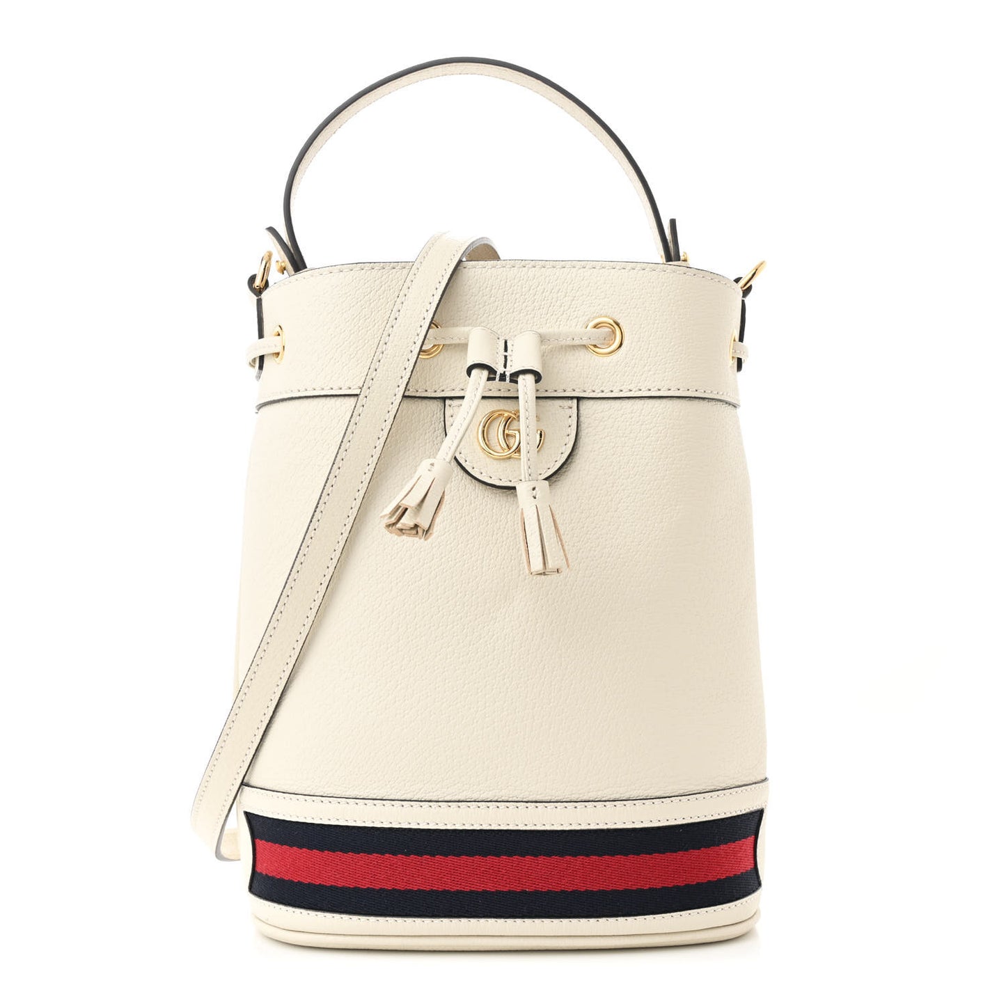 Glazed Textured Calfskin Web Small Ophidia Bucket Bag Mystic White