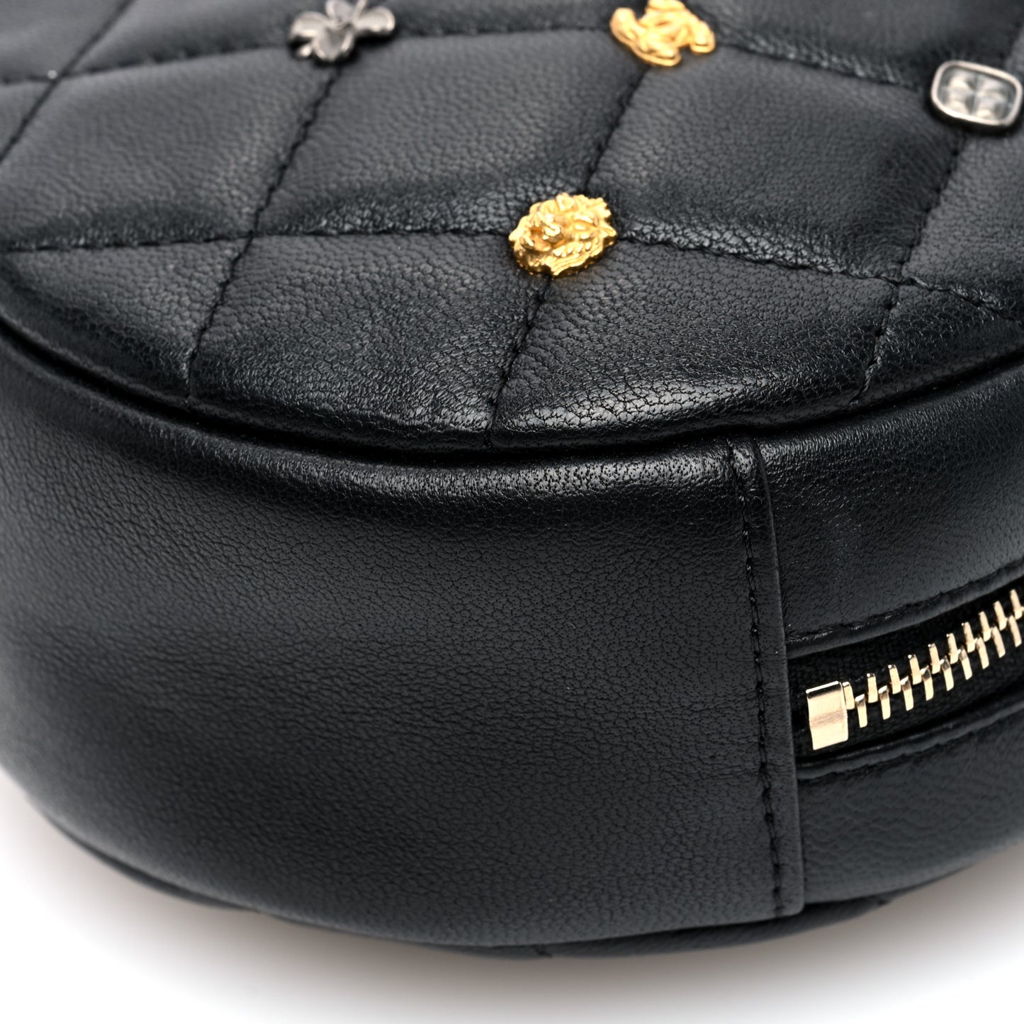 Lambskin Quilted Studded Round Clutch With Chain Black
