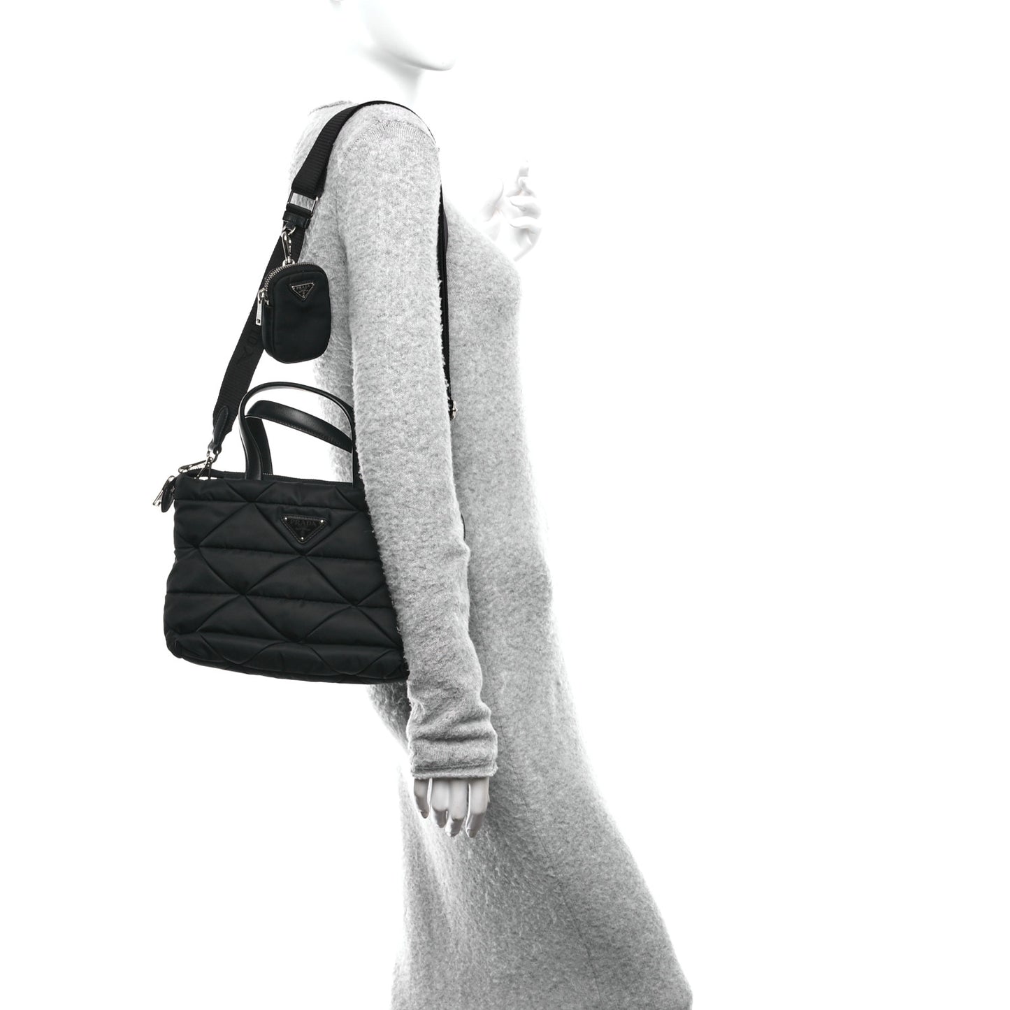 Re-Nylon Nappa Triangle Quilted Padded Double Handled Zip Pocket Tote Black