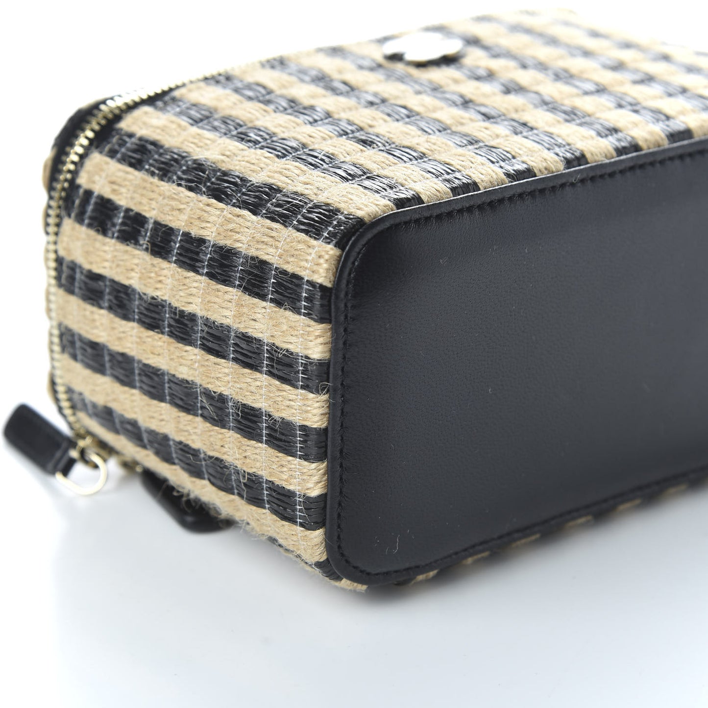 Raffia Jute Striped Small Vanity Case With Chain Black Beige