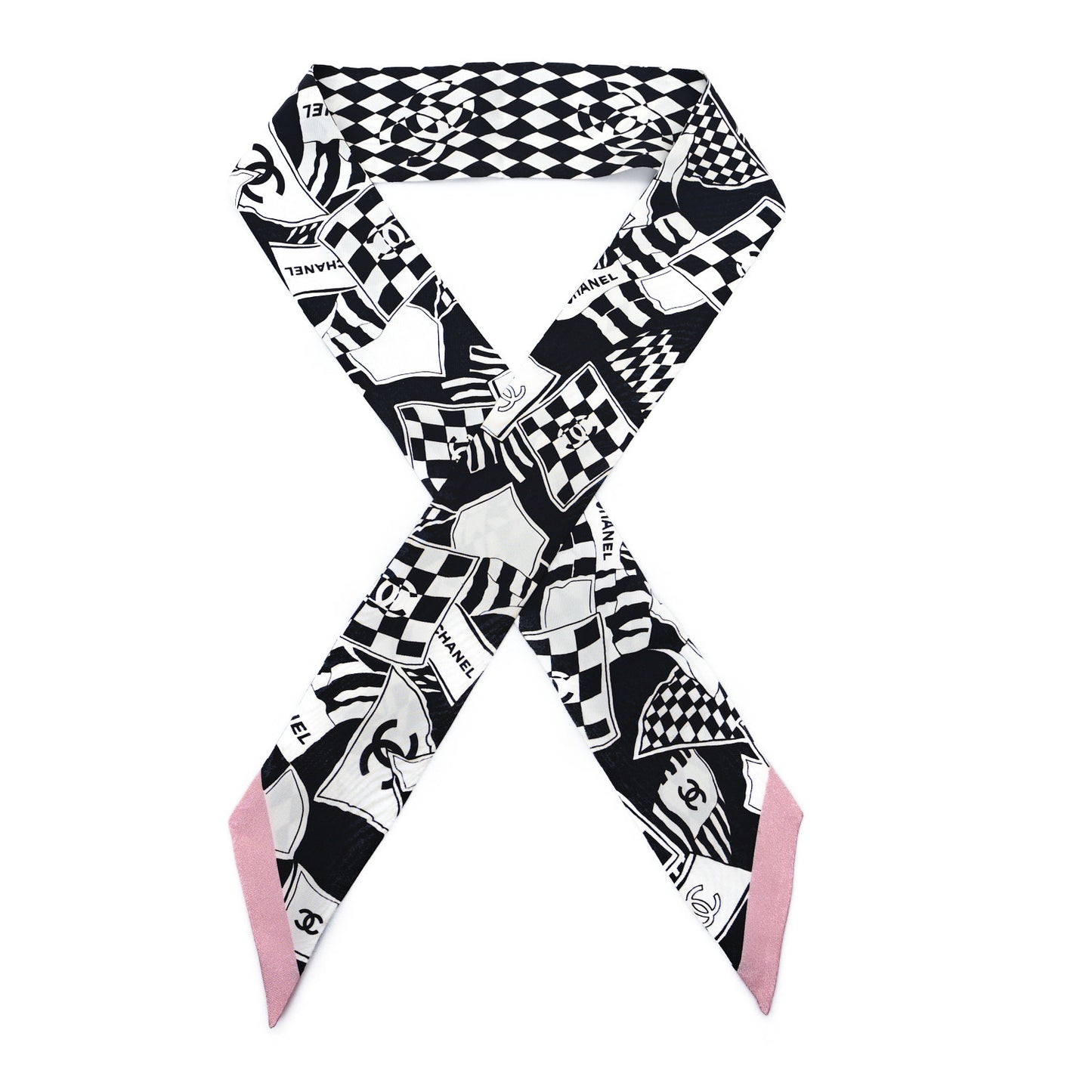 Silk CC Slim Bandeau Scarf Black Ecru Light Pink