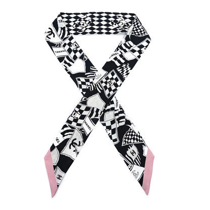 Chanel Silk CC Slim Bandeau Scarf Black Ecru Light Pink 1 of 3