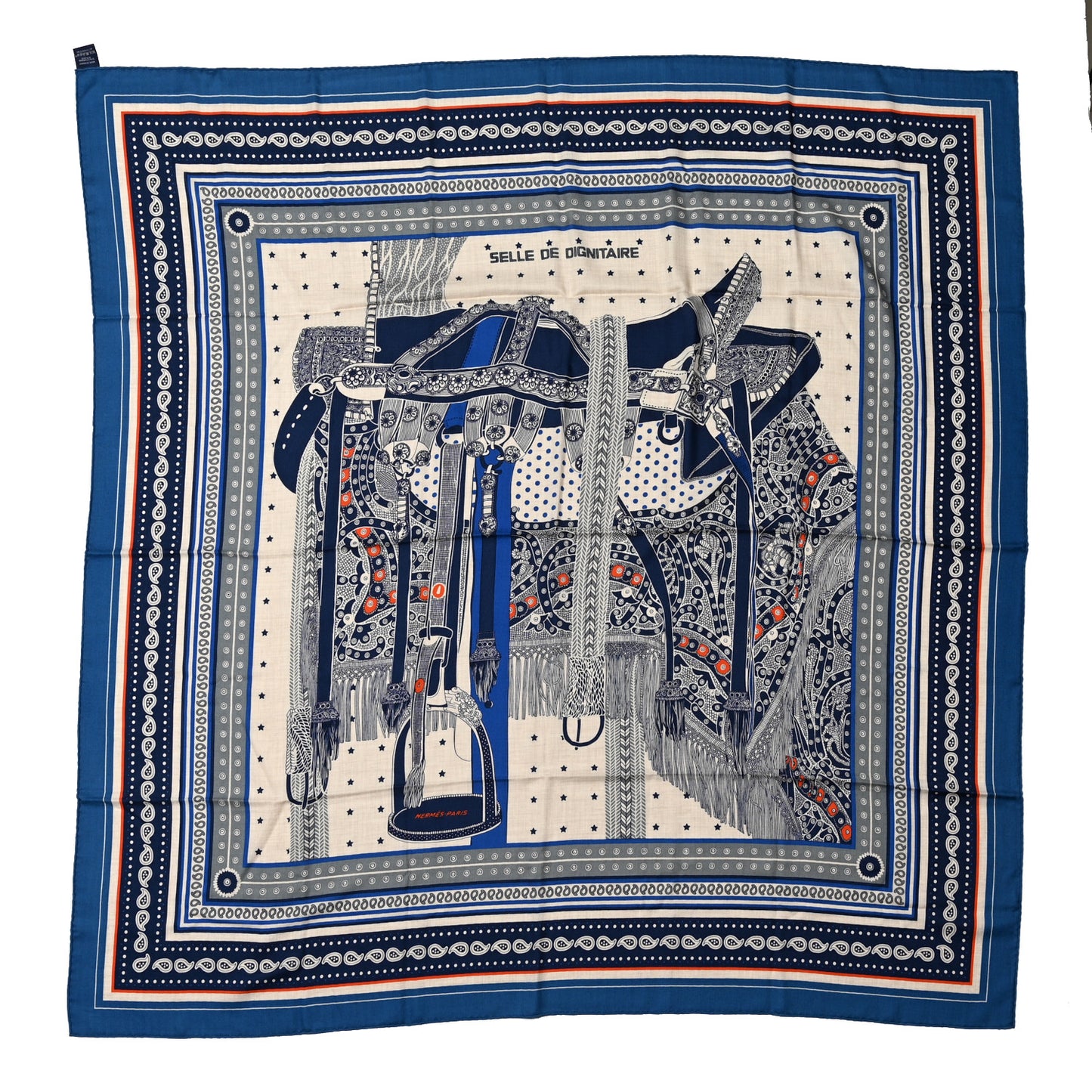 Cashmere Selle De Dignitaire Bandana Shawl 140 Bleu Royal Marine
