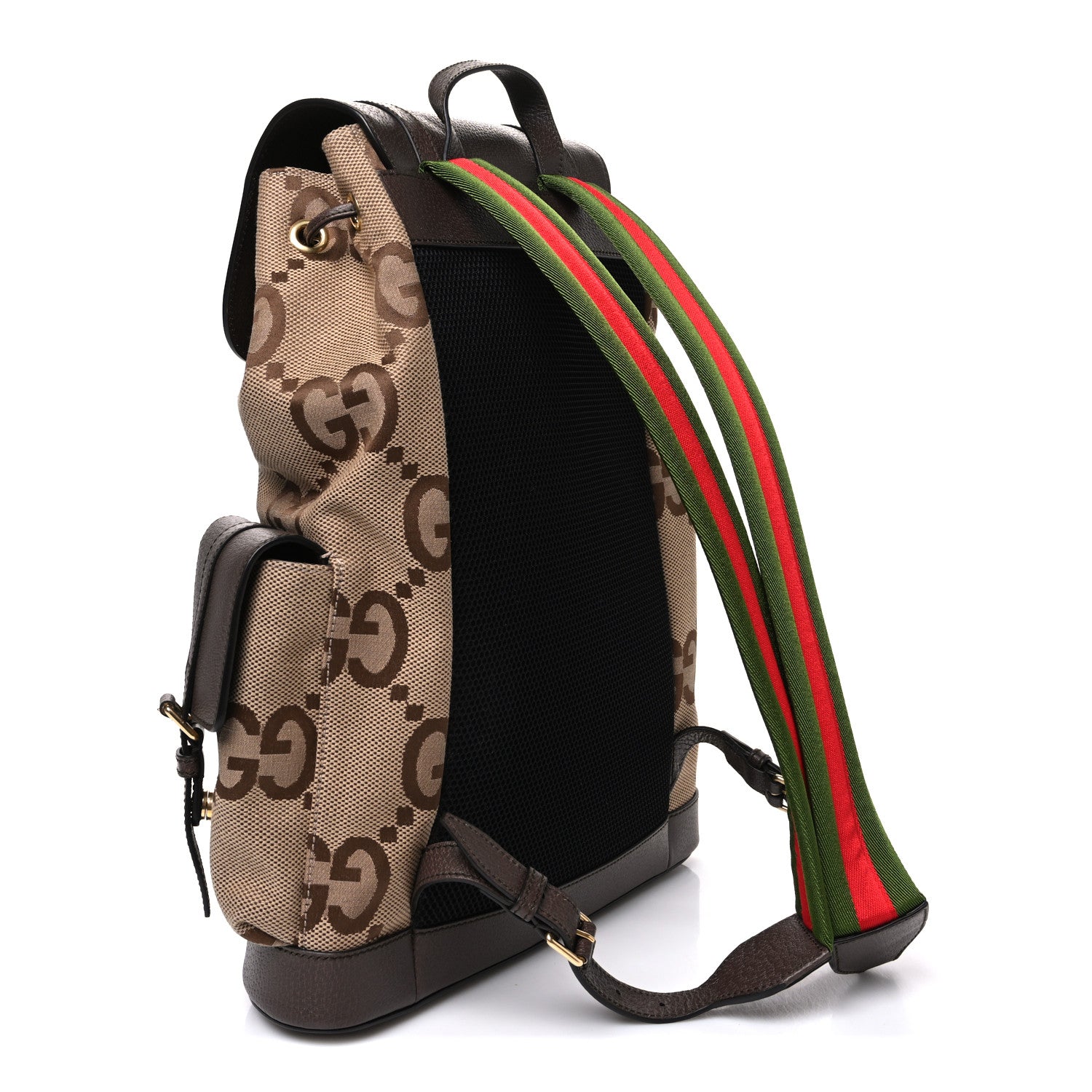 Gucci Monogram Jumbo GG Textured Dollar Calfskin Web Double Buckle Backpack Camel Ebony New Acero 3 of 10