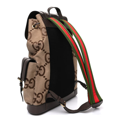 Gucci Monogram Jumbo GG Textured Dollar Calfskin Web Double Buckle Backpack Camel Ebony New Acero 3 of 10
