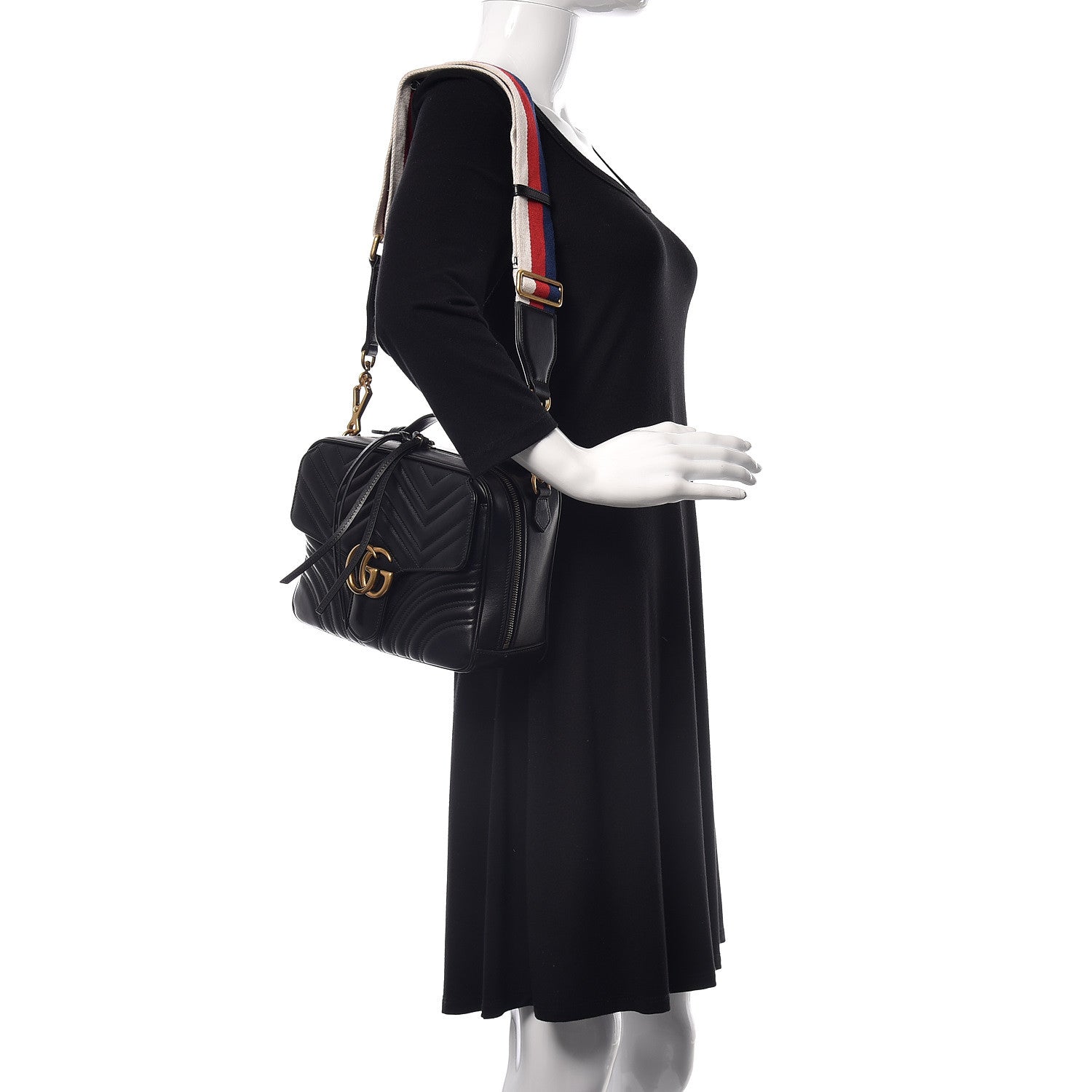 Gucci Calfskin Matelasse Sylvie Web Small GG Marmont Top Handle Shoulder Bag Black 2 of 10
