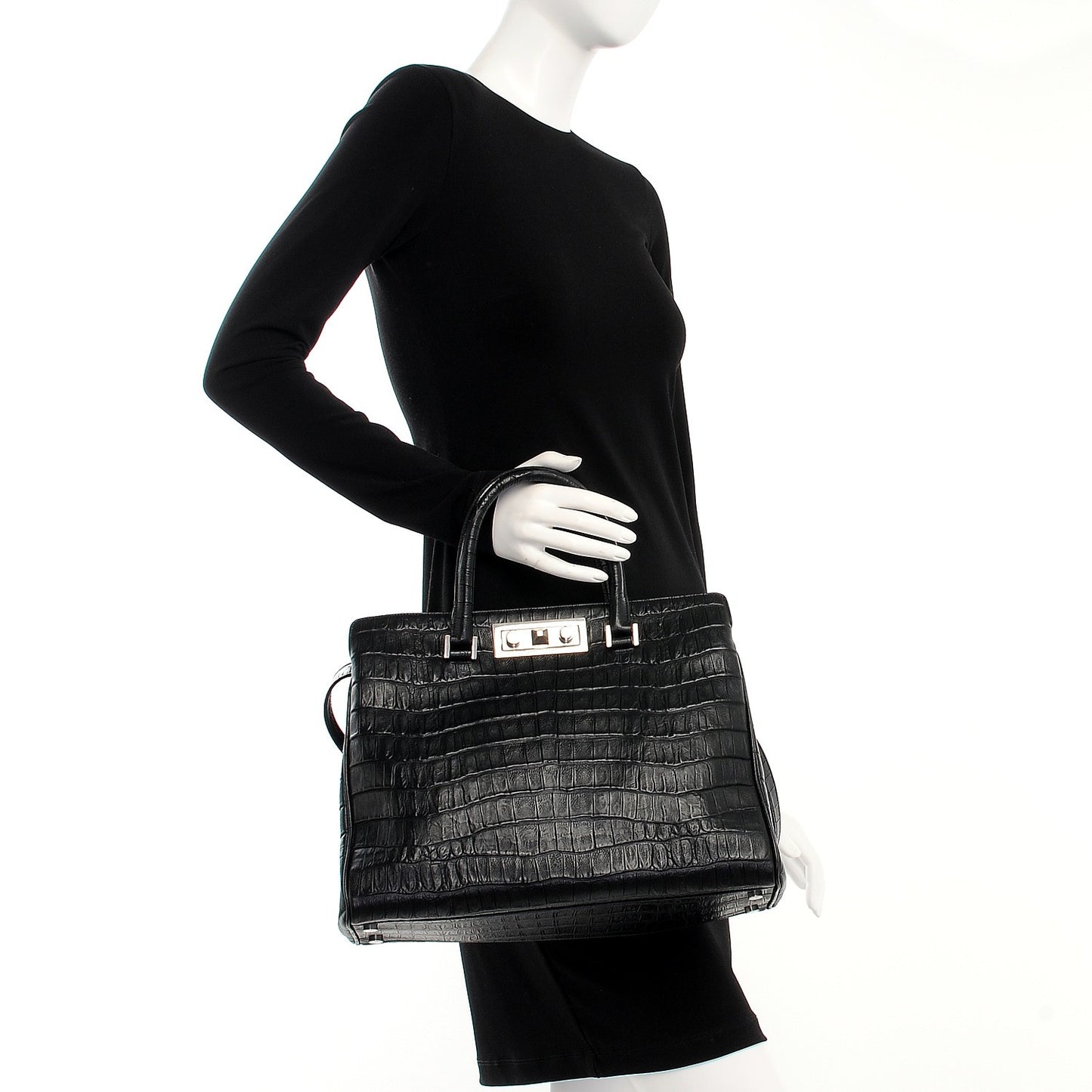 Calfskin Crocodile Embossed Medium Trois Class Tote Black