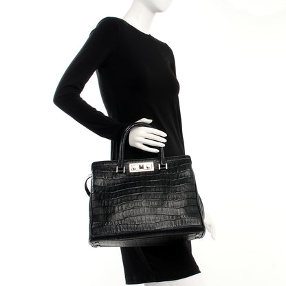 Saint Laurent Calfskin Crocodile Embossed Medium Trois Class Tote Black 3 of 13