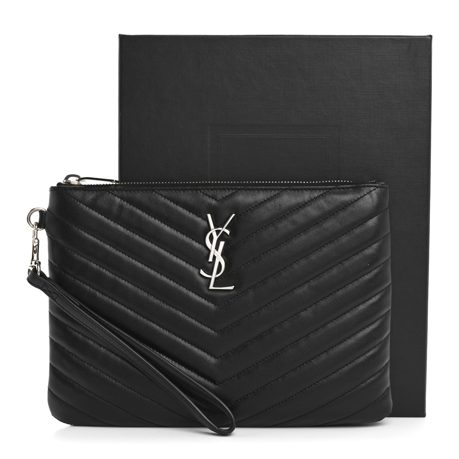 Saint Laurent Calfskin Matelasse Chevron Monogram A5 Wristlet Black 12 of 12