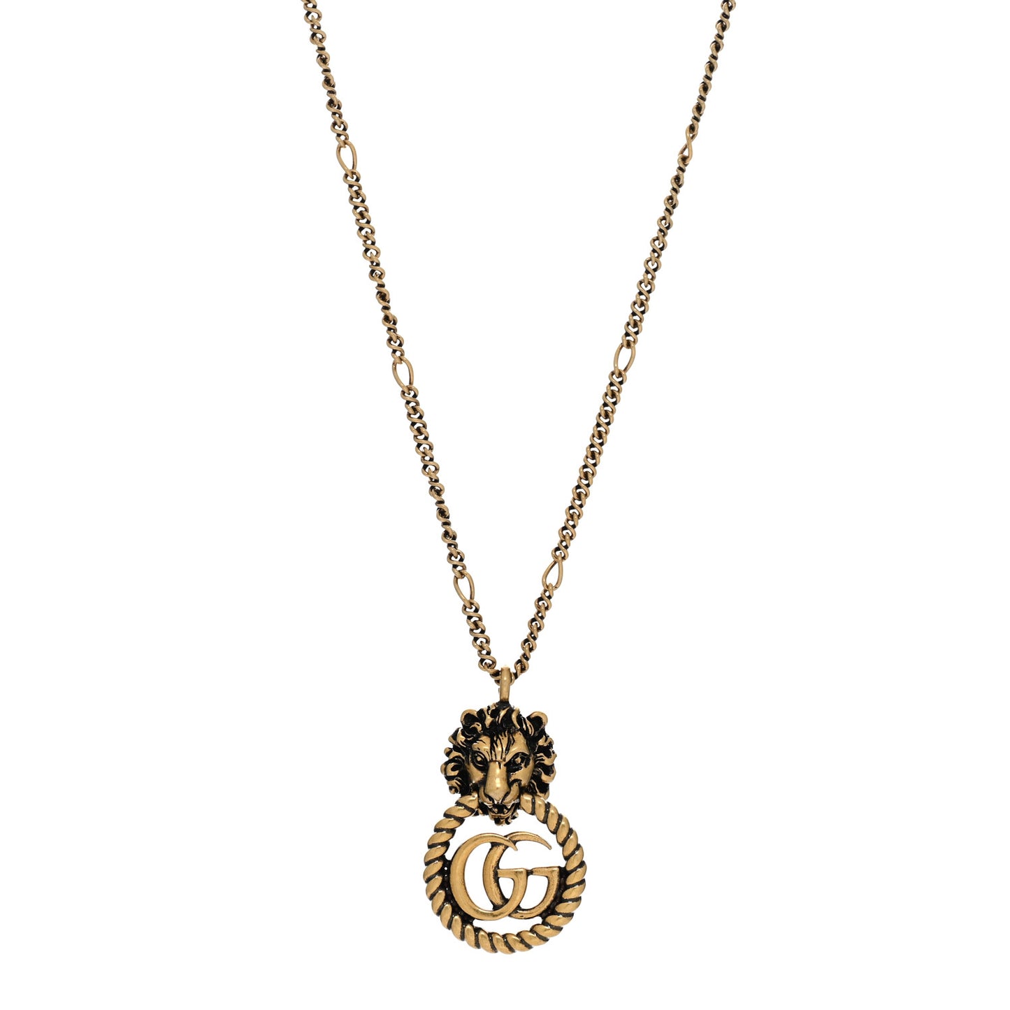 Metal Lion Head GG Necklace Aged Gold