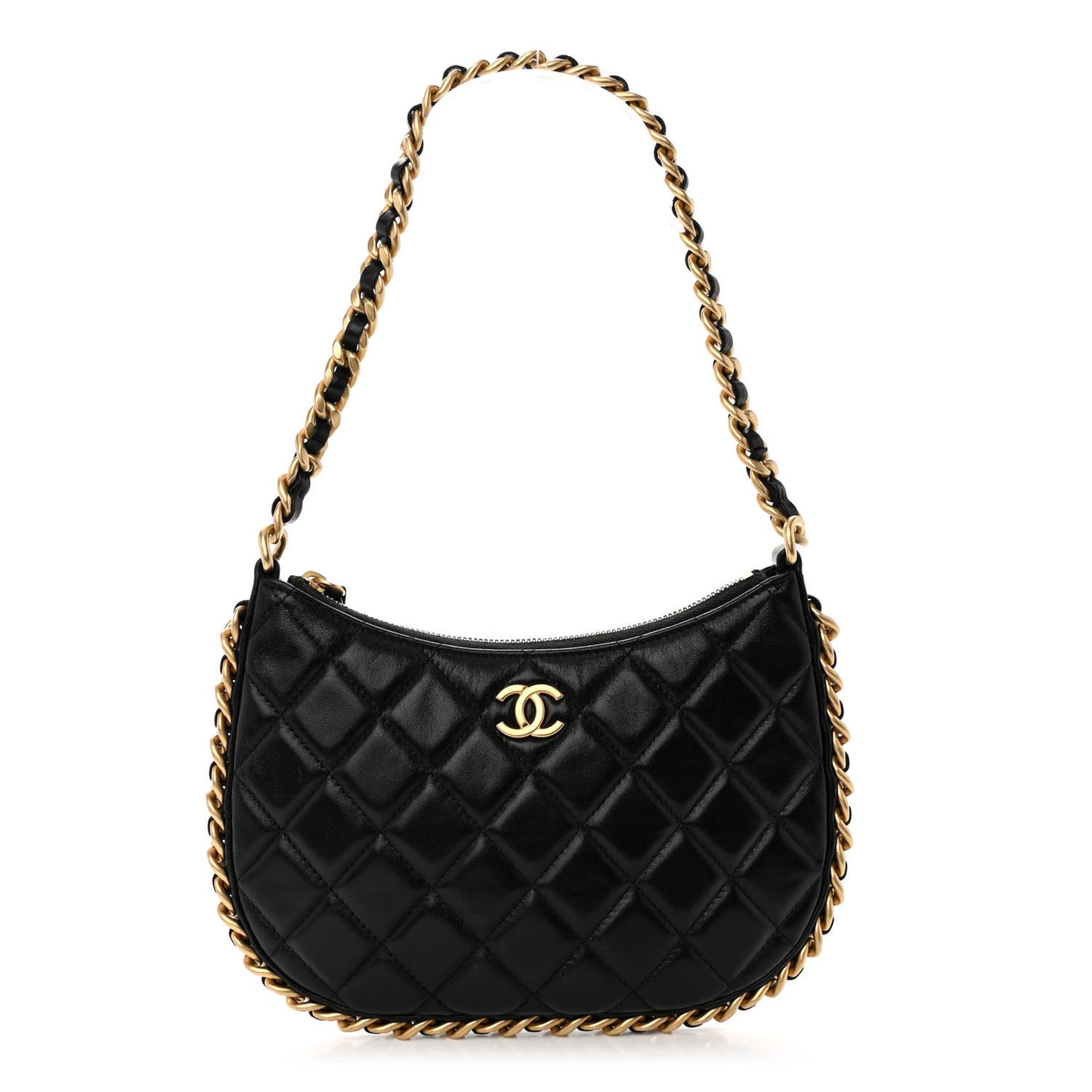 Shiny Crumpled Lambskin Quilted Trendy Chain Around Hobo Black