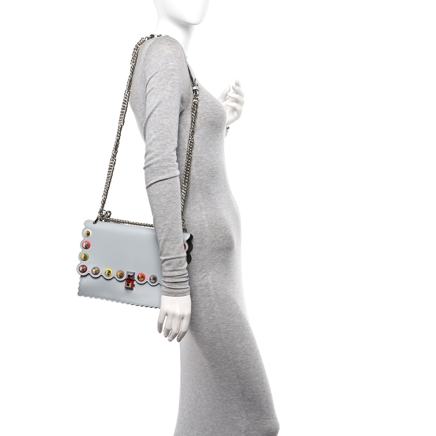 Vitello Liberty Scalloped Spike Studded Kan I Shoulder Bag Grigio Perla Multicolor