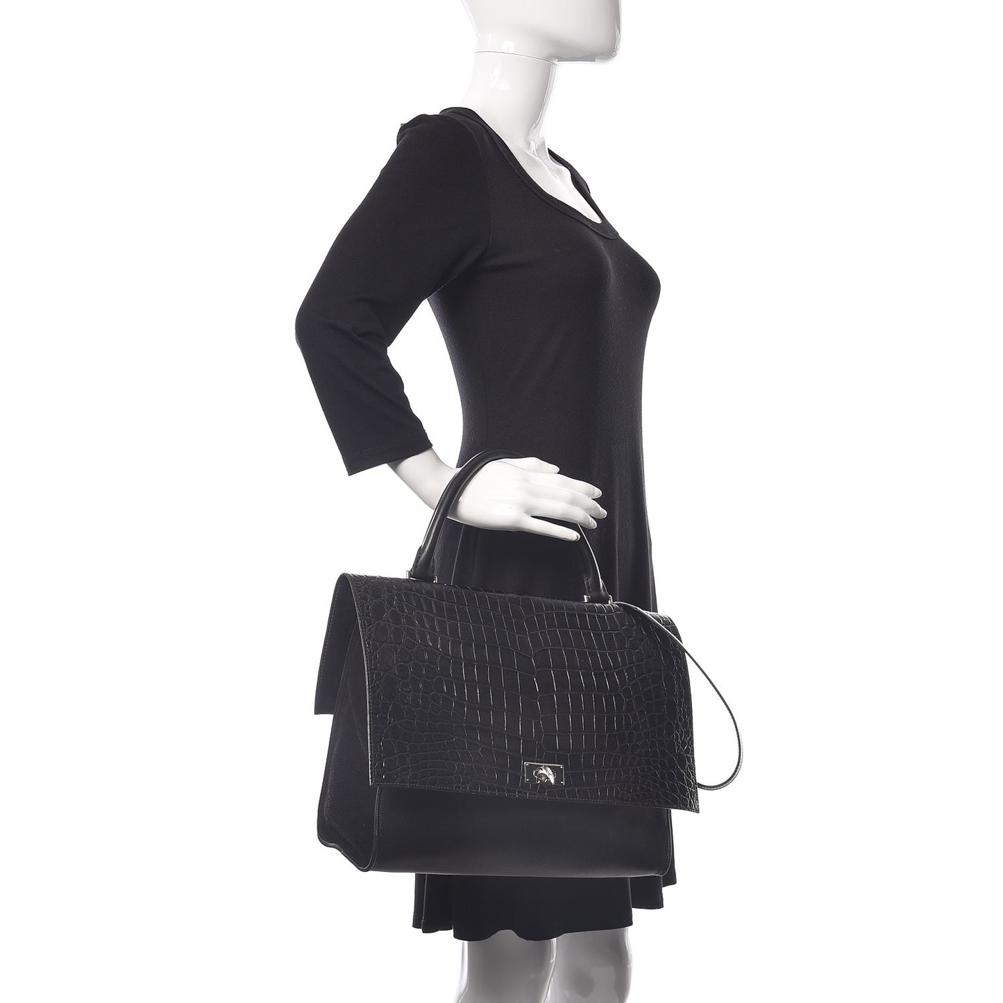 Calfskin Crocodile Embossed Medium Shark Lock Satchel Black