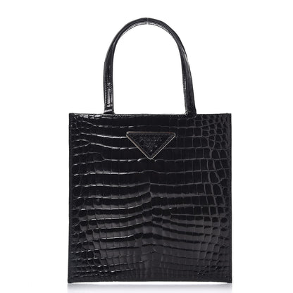 Prada Calfskin Crocodile Embossed Small Tote Nero Black 1 of 7