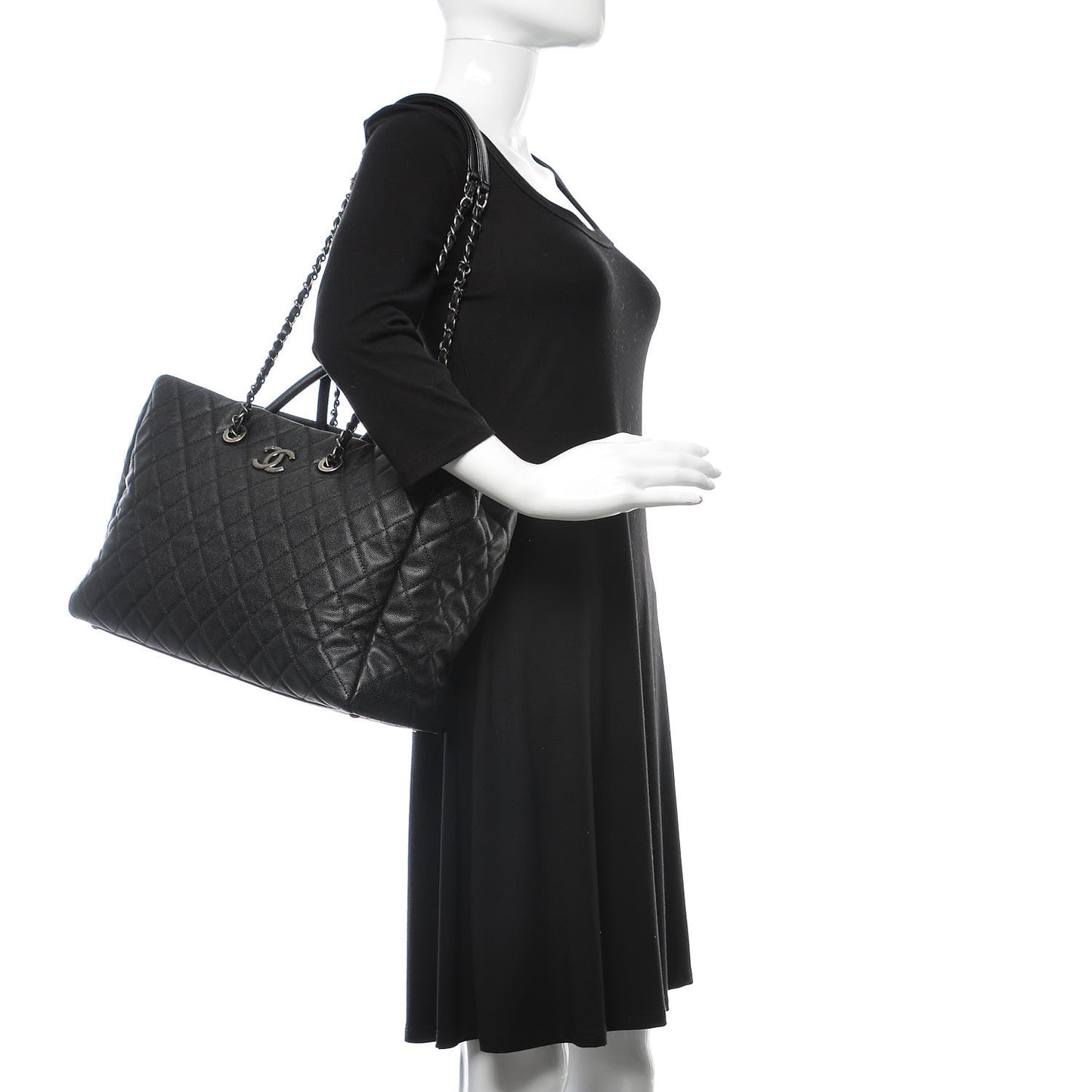 Caviar Quilted Large Coco Handle Shopping Tote Black