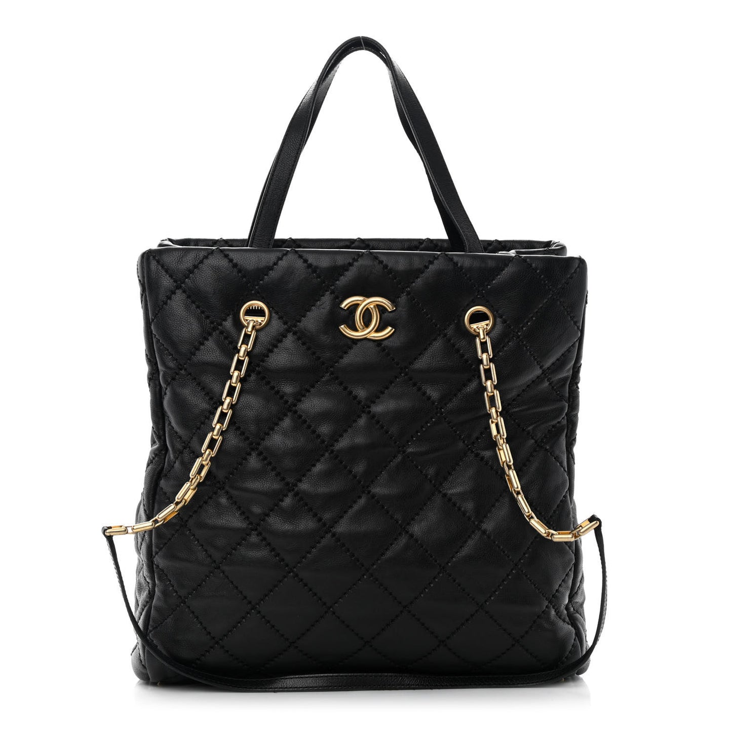 Calfskin Quilted Large Retro Chain Tote Black