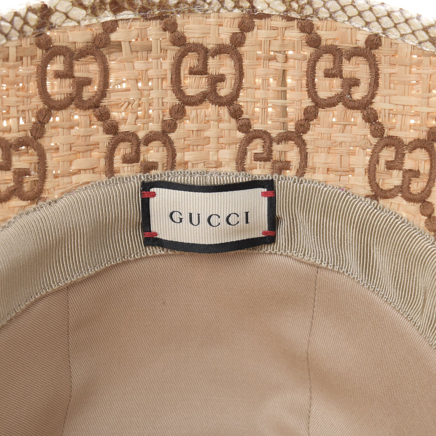 Gucci Raffia Elaphe GG Monogram Embroidered Basmaa Fedora Hat M Ivory Dark Brown 6 of 7