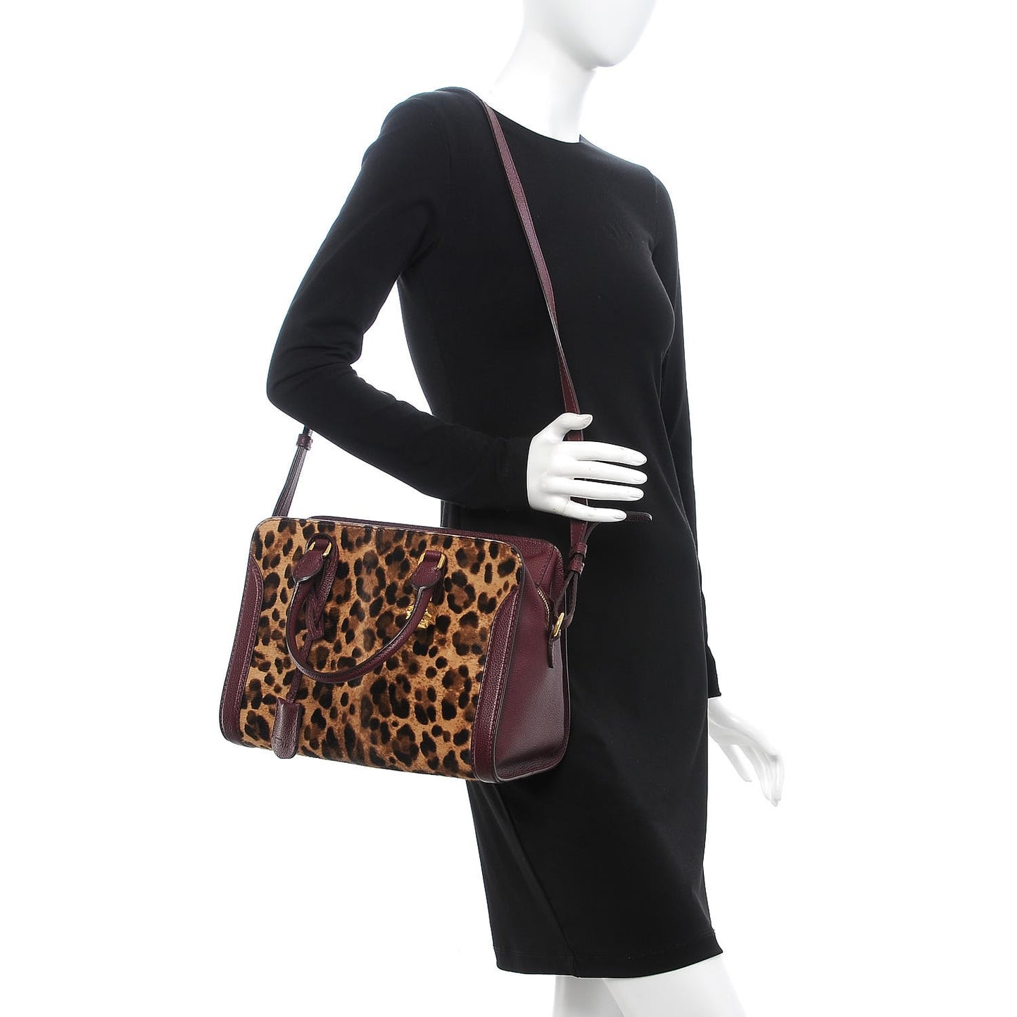 Leopard Print Pony Hair Pebbled Calfskin Small Skull Padlock Zip Around Tote Bordeaux