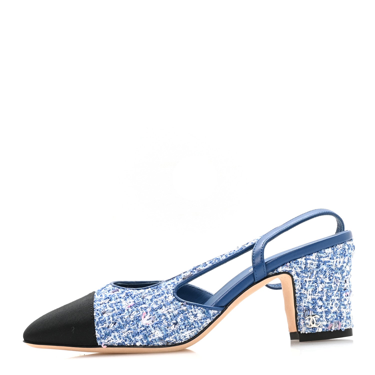 Chanel Tweed Grosgrain Cap Toe CC Slingback Pumps 36 Blue White Black 1 of 9