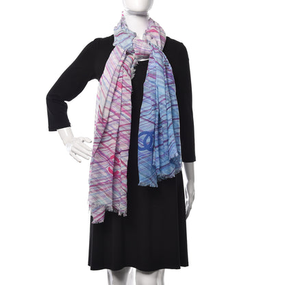 Chanel Cotton Cashmere CC Striped Pareo Scarf Blue 2 of 5