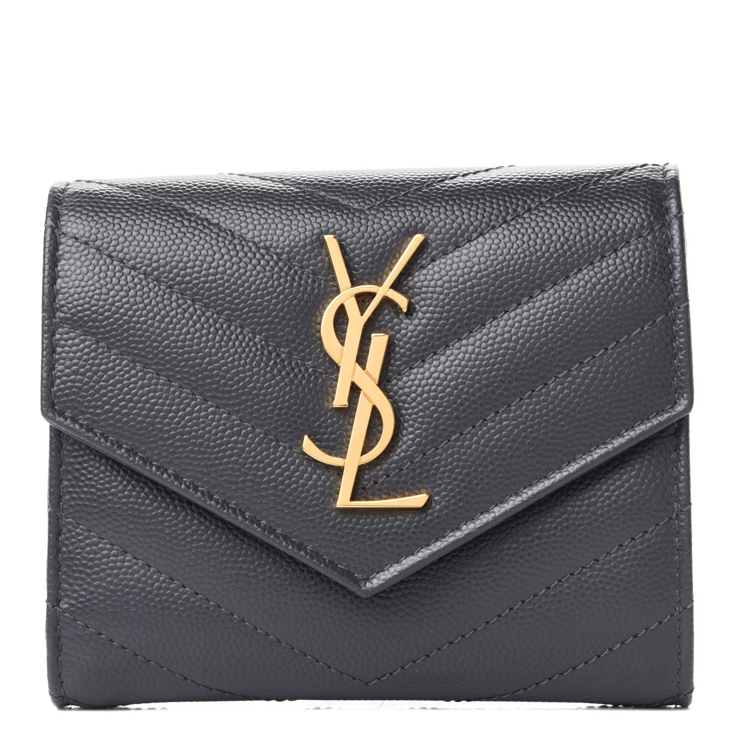 Saint Laurent Grain De Poudre Matelasse Chevron Monogram Compact Tri Fold Wallet Smog 1 of 7