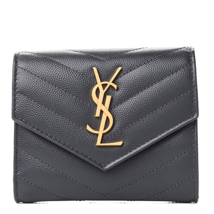 Saint Laurent Grain De Poudre Matelasse Chevron Monogram Compact Tri Fold Wallet Smog 1 of 7