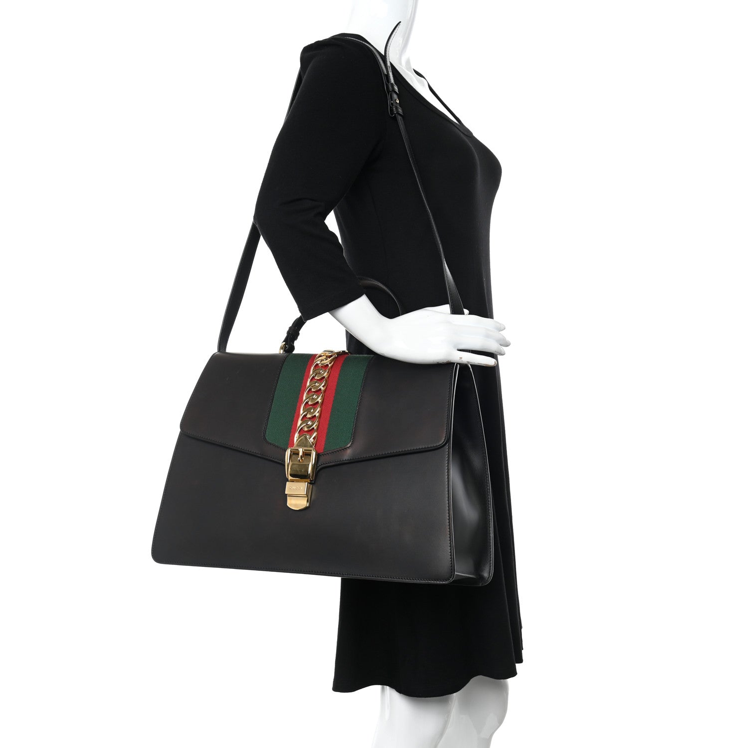 Gucci Calfskin Maxi Sylvie Top Handle Bag Black 2 of 15
