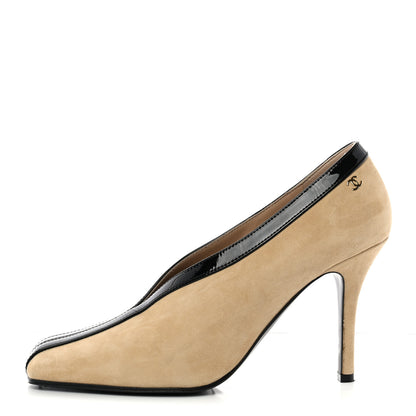 Chanel Suede Patent Calfskin Pumps 39.5 Beige Black 1 of 11