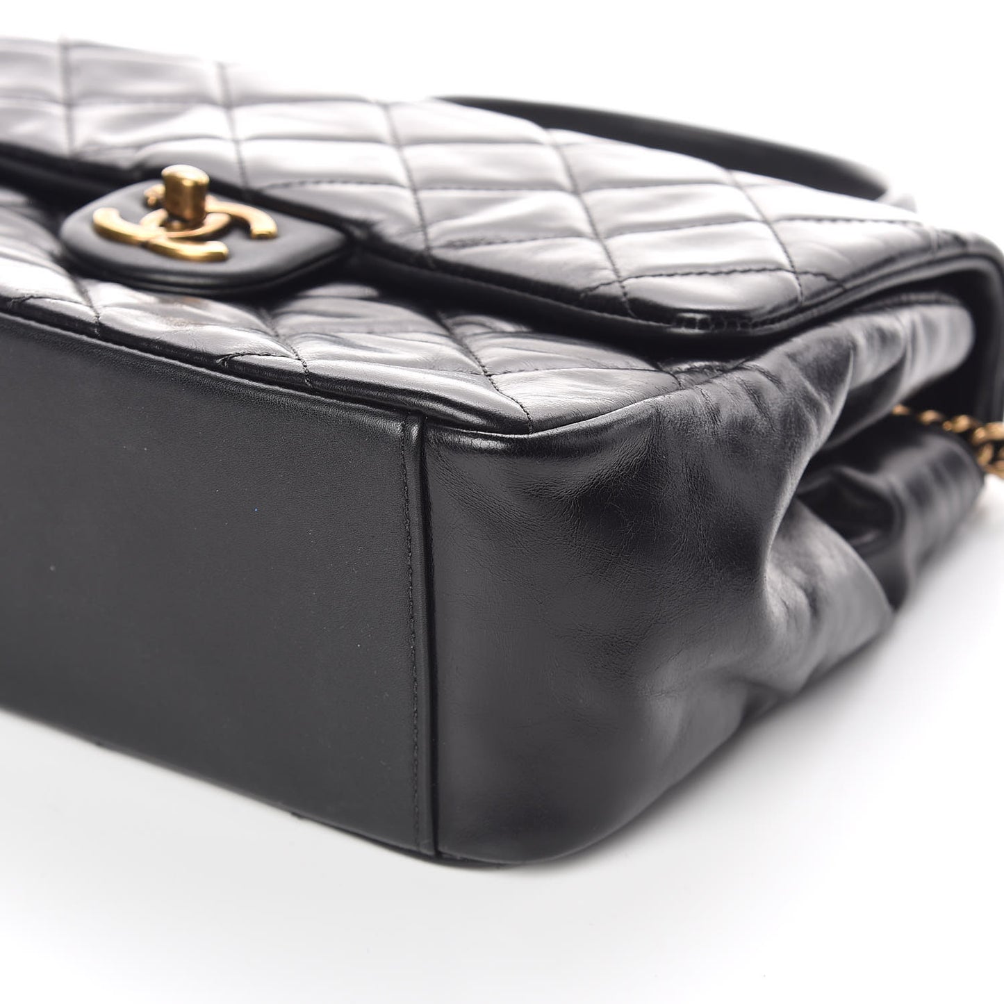 Calfskin Quilted Medium Gold Bar Top Handle Flap Black
