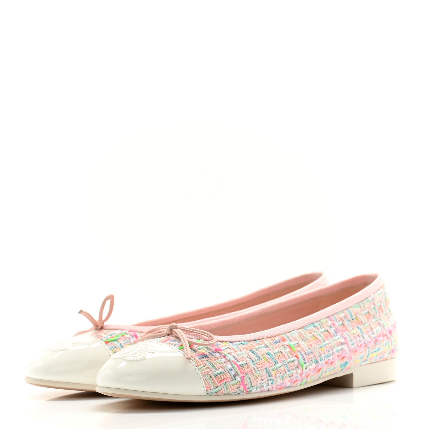 Cotton Tweed Patent Calfskin Cap Toe Ballerina Flats 36.5 Light Pink Multicolor White