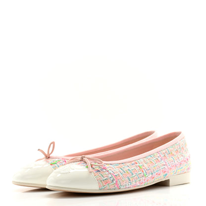 Chanel Cotton Tweed Patent Calfskin Cap Toe Ballerina Flats 36.5 Light Pink Multicolor White 3 of 12