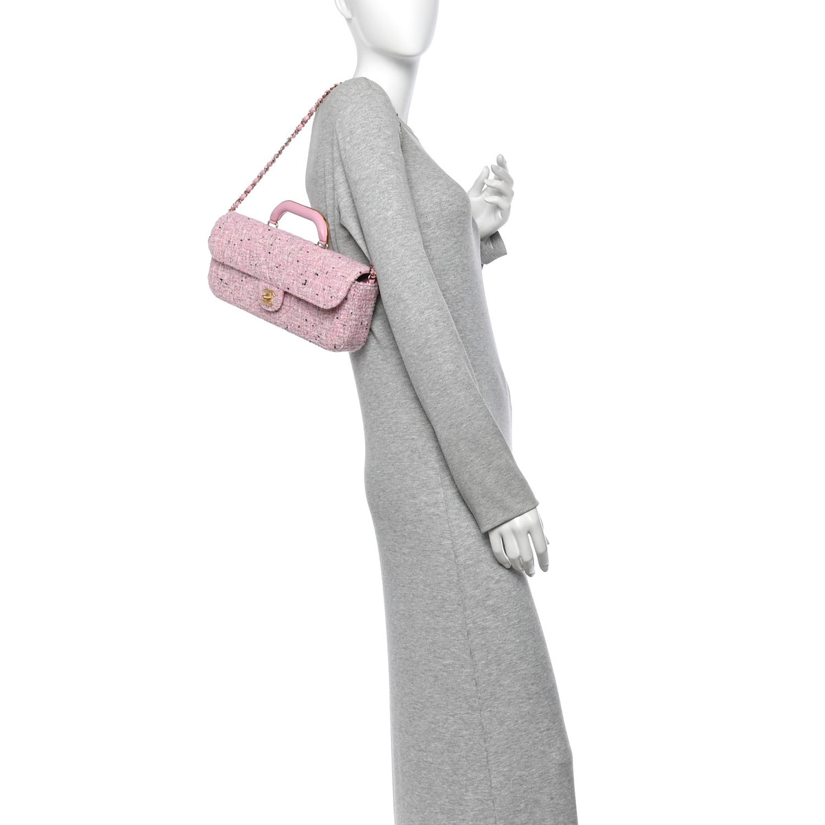 Chanel Tweed Large Top Handle Clutch With Chain Pink Black Ecru 2 of 10