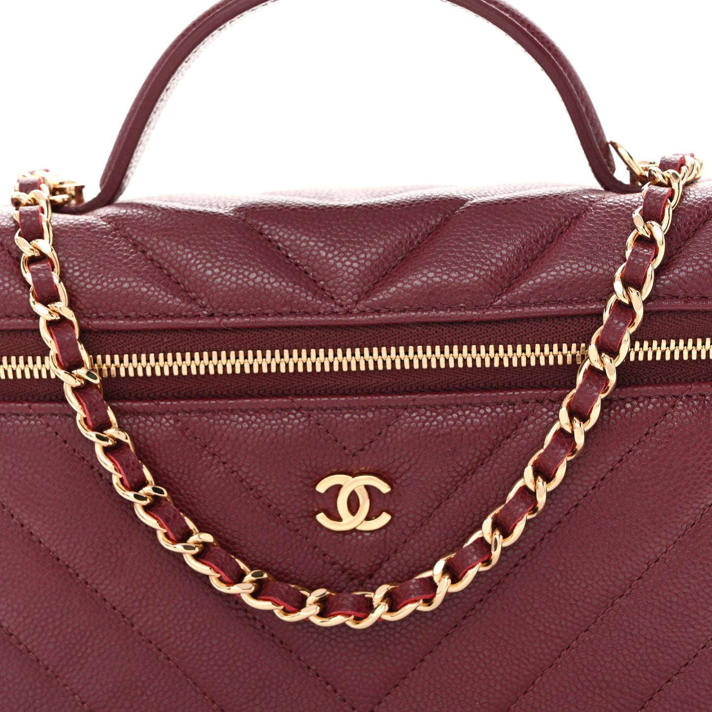 Caviar Chevron Quilted Top Handle Slim Vanity With Chain Black Burgundy