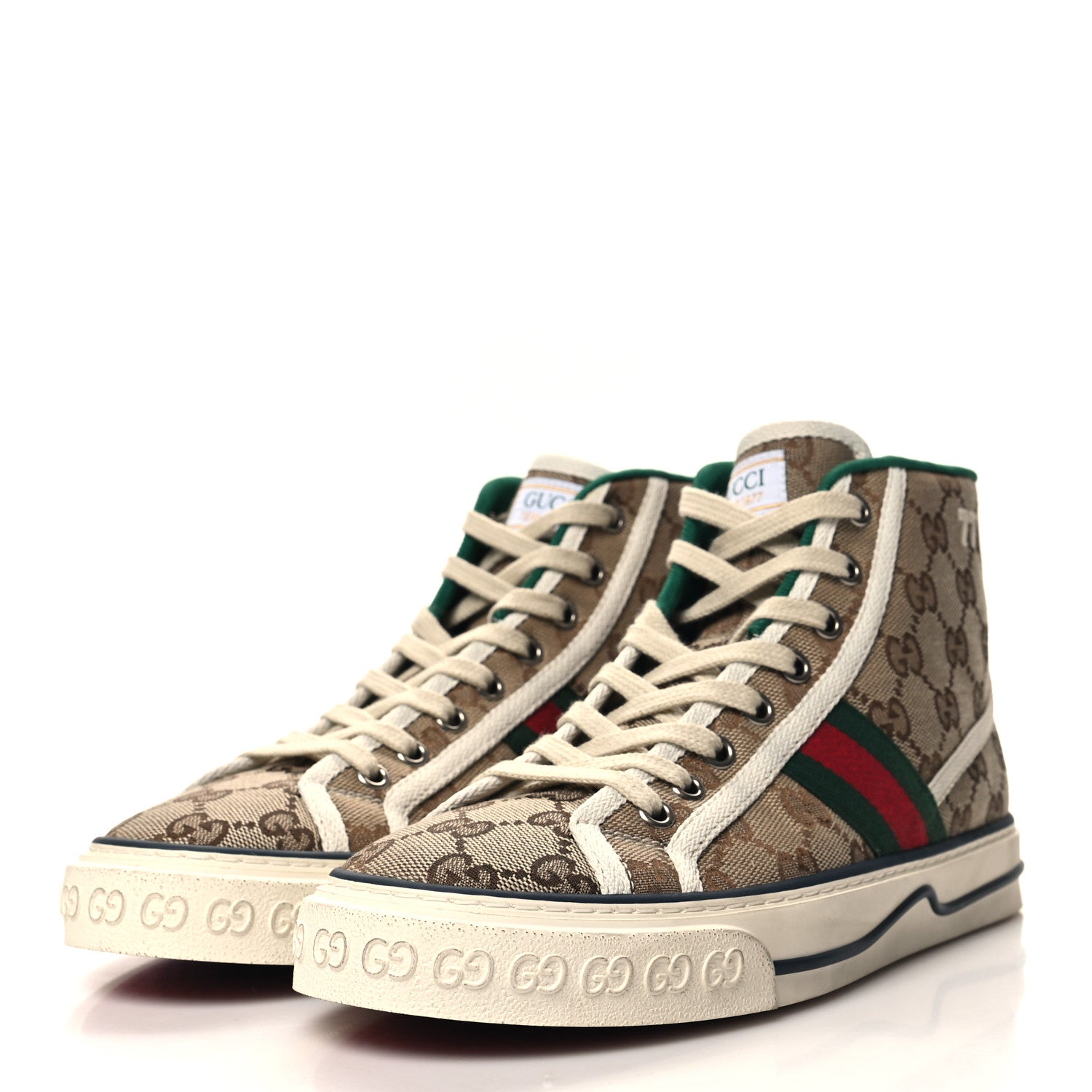 Gucci GG Monogram Web Womens 1977 Tennis High Top Sneakers 37 Beige Ebony Mystic White 3 of 8