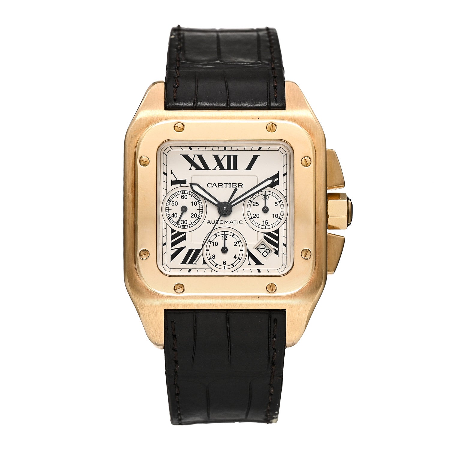 Cartier 18K Yellow Gold Alligator 41.5mm Santos 100 Chronograph Automatic Watch 1 of 4