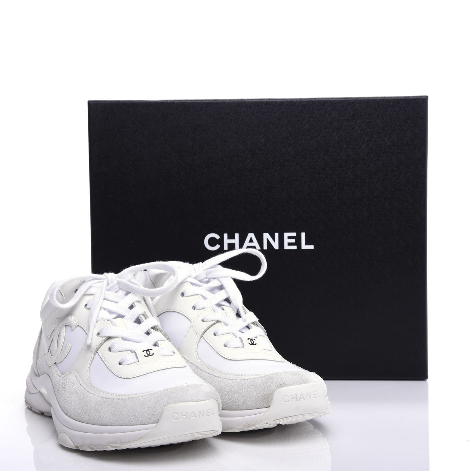 Chanel Suede Calfskin Fabric CC Sneakers 38.5 White 9 of 9