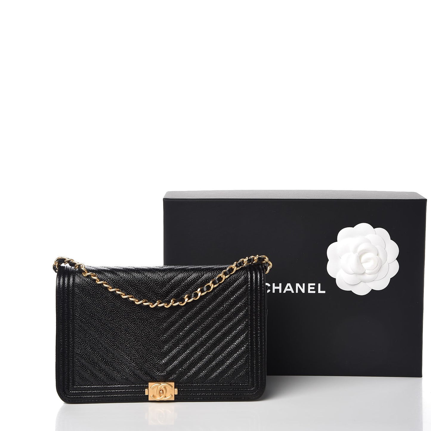 Caviar Chevron Quilted Boy Wallet On Chain WOC Black