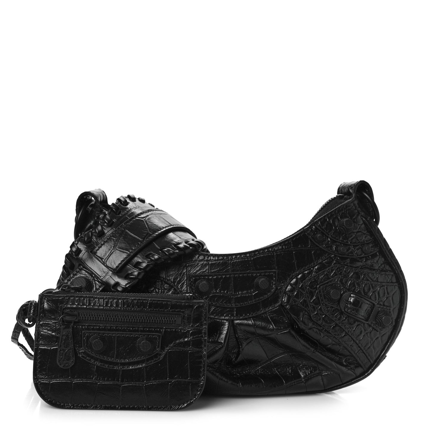Extra Supple Calfskin Crocodile Embossed Monochrome Le Cagole Shoulder Bag XS Black