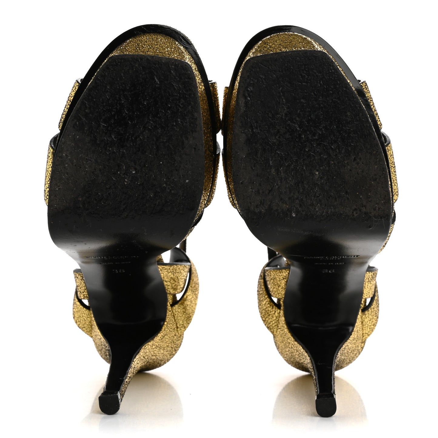 Metallic Crackled Calfskin Tribute 105 Platform Sandals 36 Black Gold