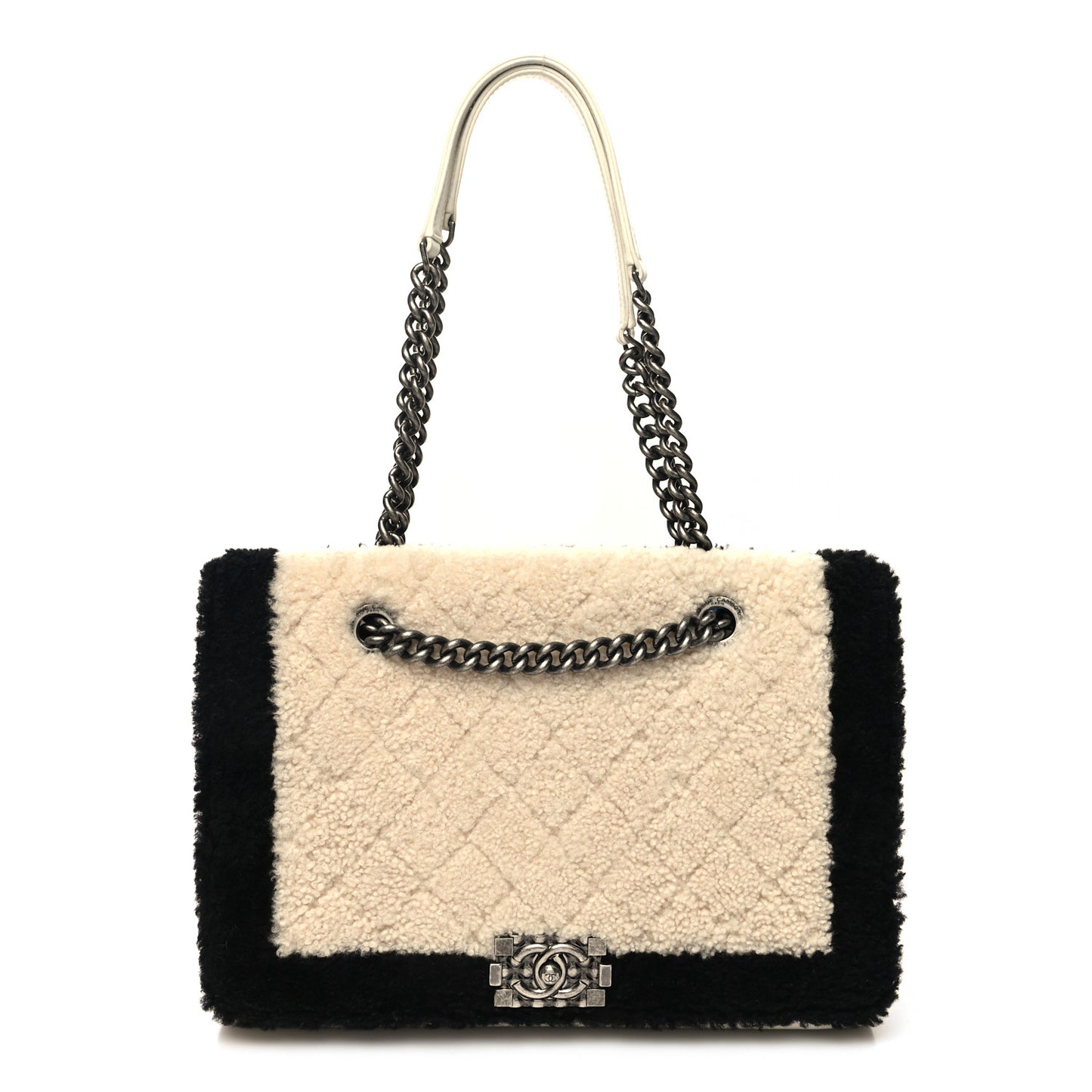 Shearling Calfskin Large Boy Shopping Tote White Black