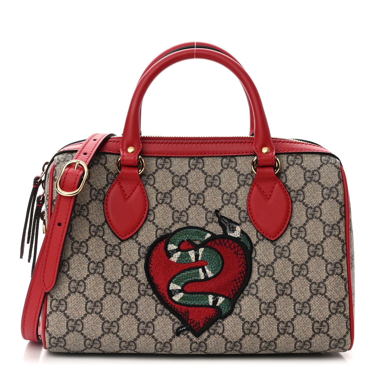 Gucci GG Supreme Monogram Kingsnake Heart Embroidered Small Boston Red 1 of 13