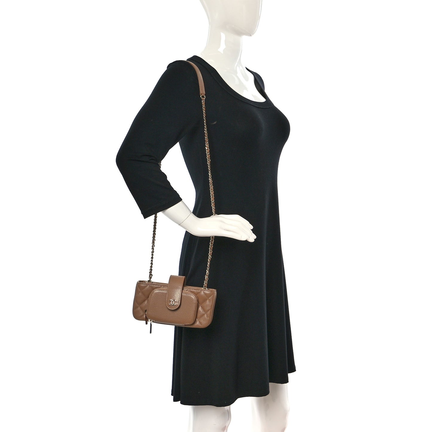 Caviar Quilted Business Affinity Phone Holder With Chain Beige